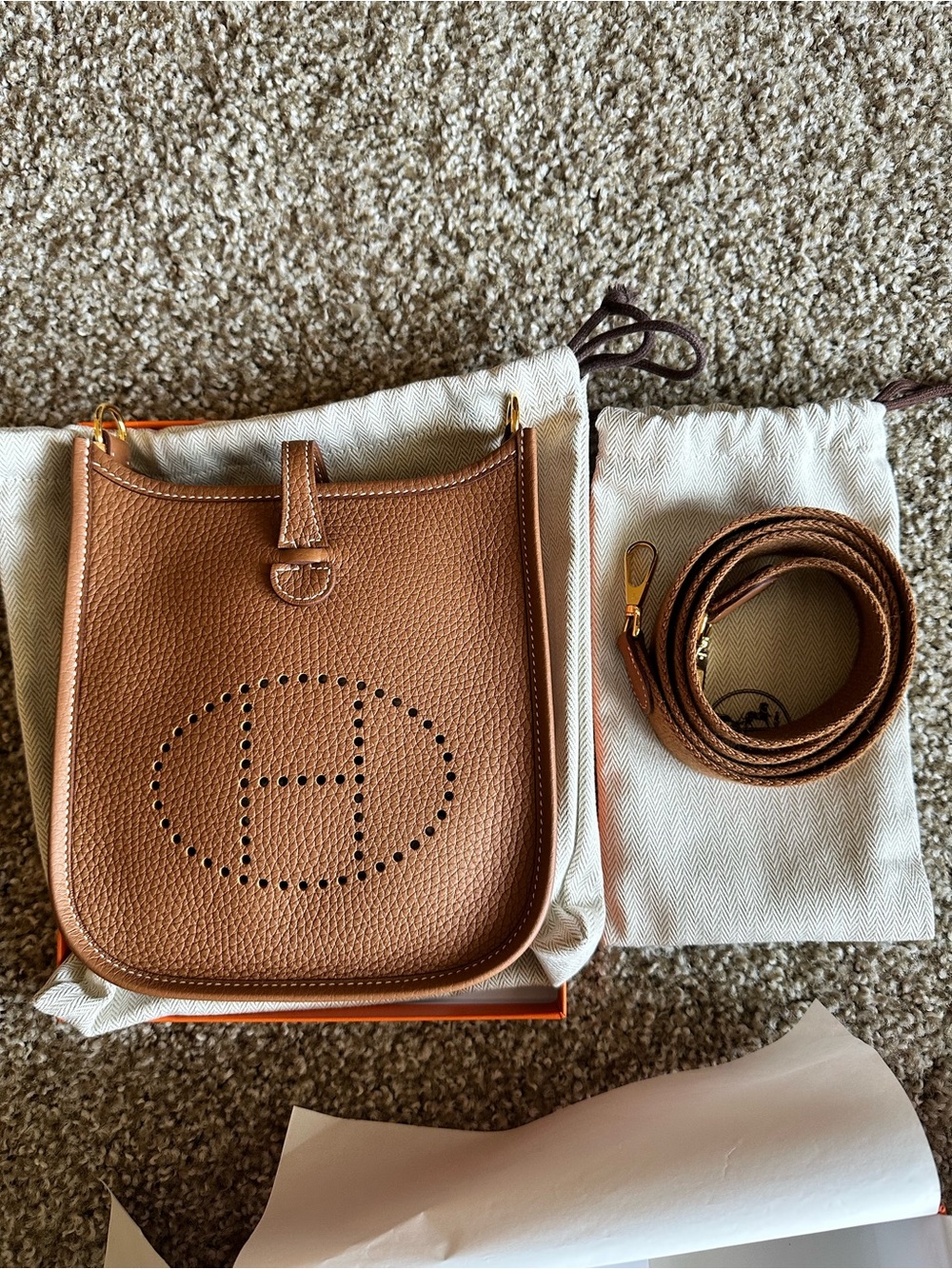 Hermes Evelyne mini TPM Togo Crossbody Bag Gold Ghw